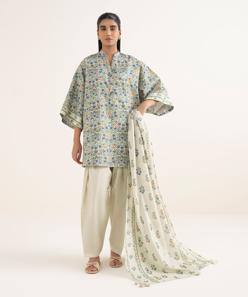 Women's Unstitched Cotton Printed Multi 3 Piece Suit