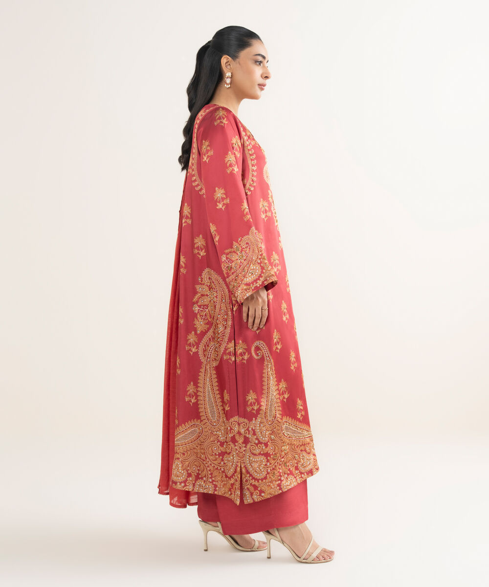 Women's RTW Blended Satin Embroidered Red 3 Piece Suit