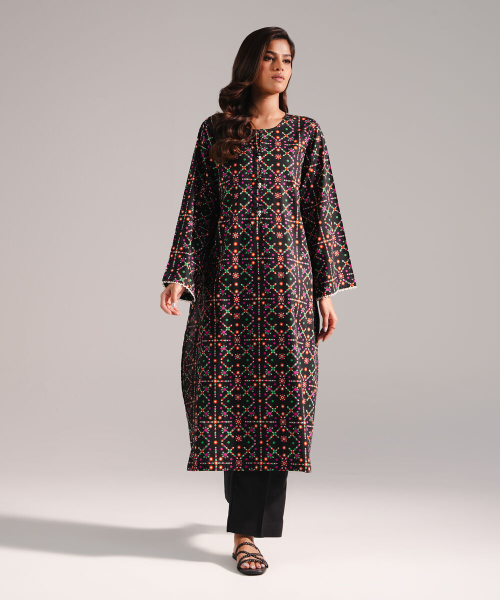 Women's RTW Cotton Viscose Printed Black 2 Piece Suit