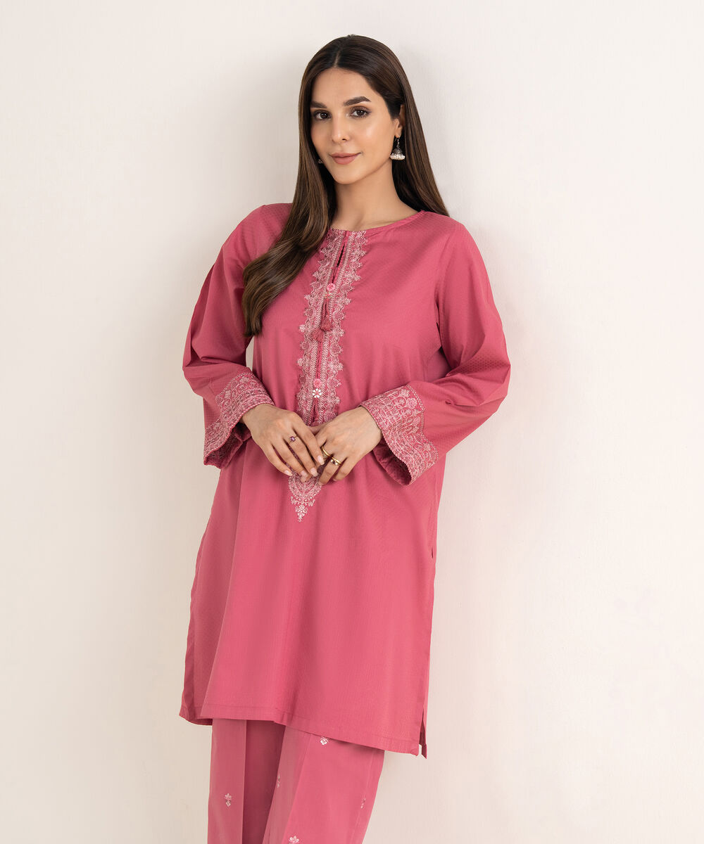 Women's RTW Textured Cotton Pink Embroidered A-Line Shirt