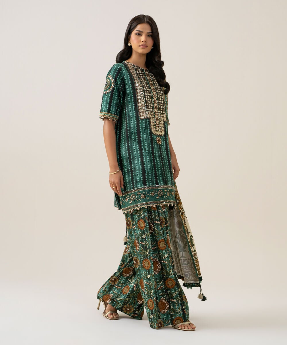 Women's Unstitched Linen Printed Green 3 Piece Suit
