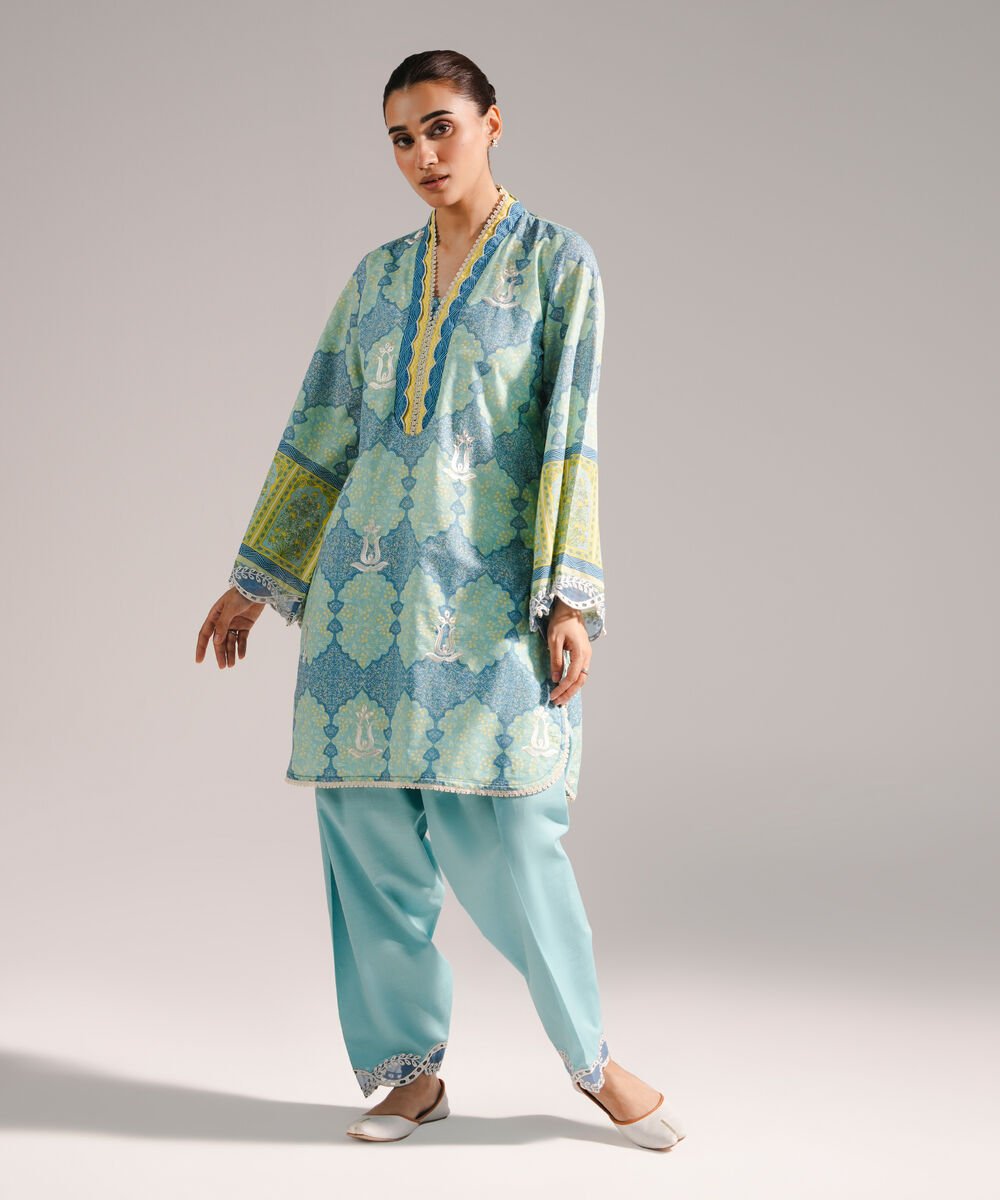 Women's RTW Slub Lawn Embroidered Straight Blue Shirt