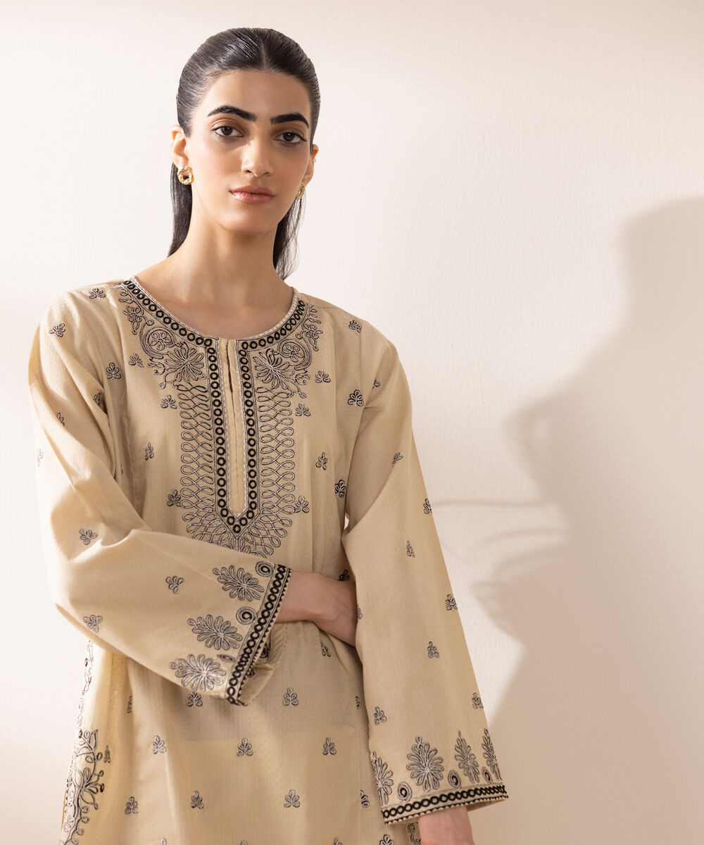 Women's RTW Dobby Beige Embroidered A-Line Shirt