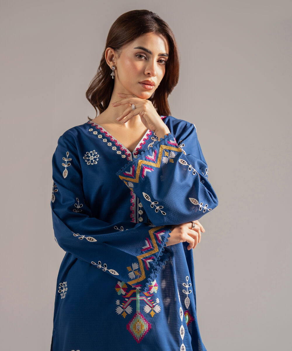 Women's RTW Dobby Embroidered Straight Blue Shirt