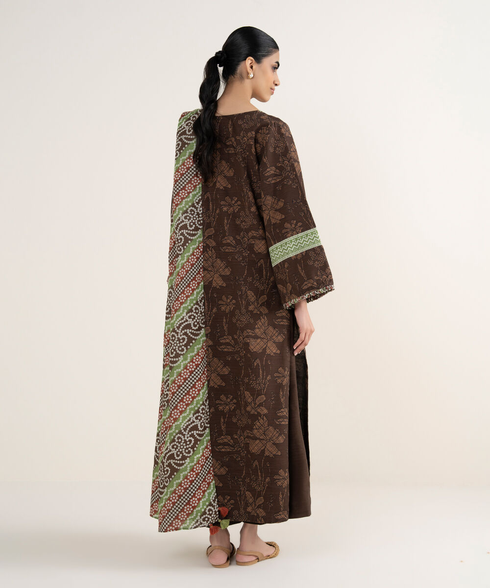 Women's Unstitched Printed Khaddar Brown 3 Piece Suit