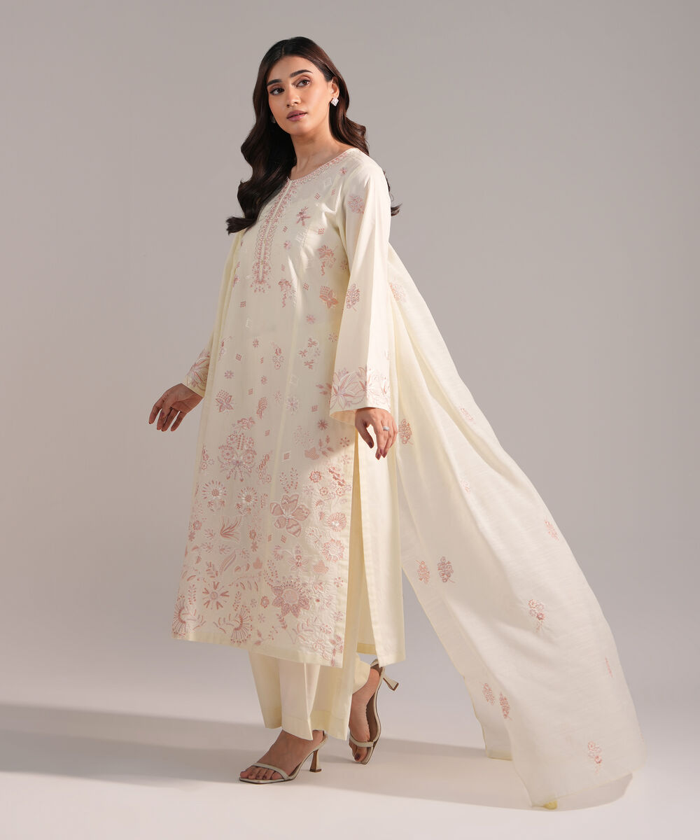 Women's RTW Cambric Embroidered Off White 3 Piece Suit