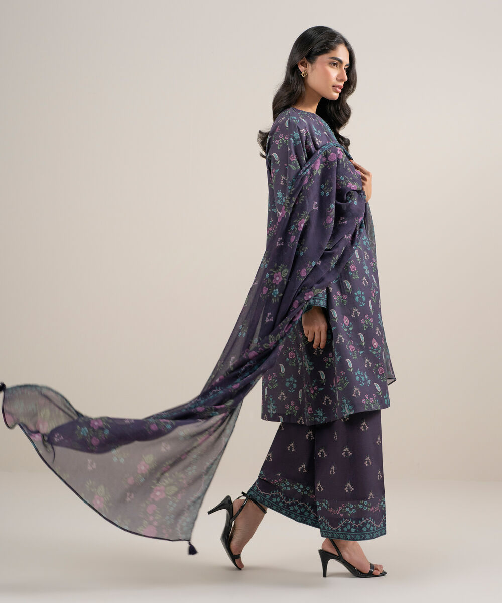 Women's Unstitched Lawn Printed Purple 3 Piece Suit