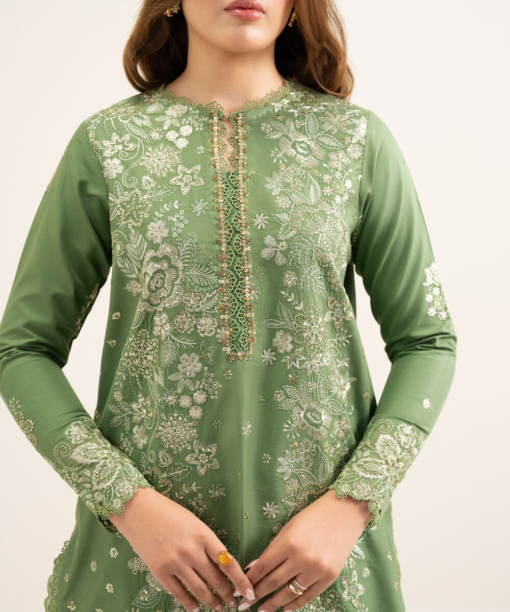 Women's Unstitched Fine Cotton Satin Embroidered Green 3 Piece Suit
