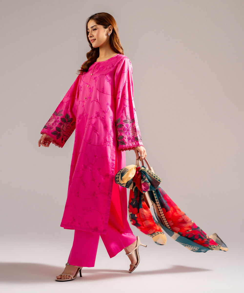 Women's RTW Cotton Satin Embroidered Pink 3 Piece Suit