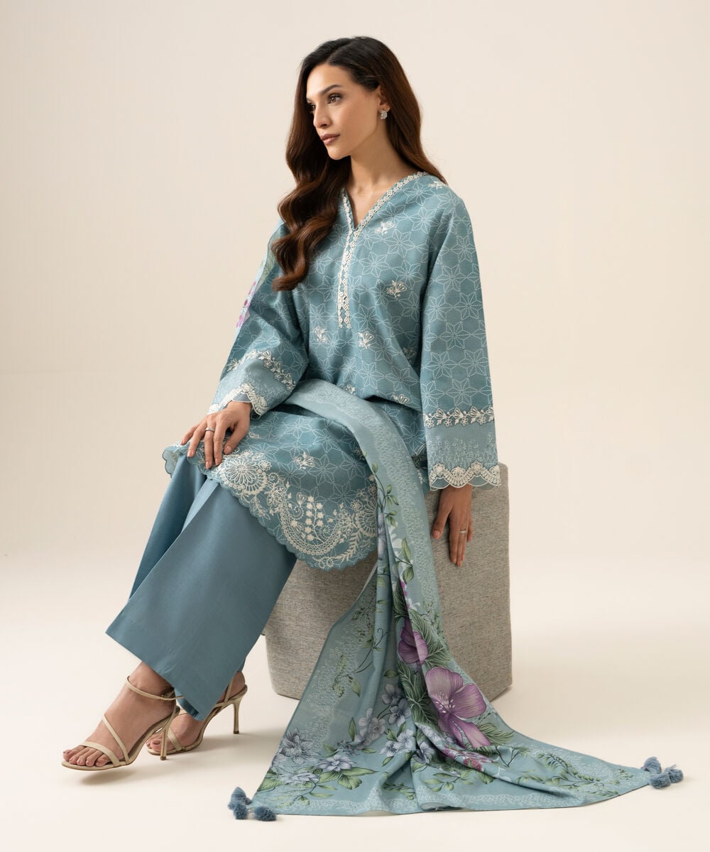 Women's Unstitched Light Khaddar Embroidered Light Blue 3 Piece Suit