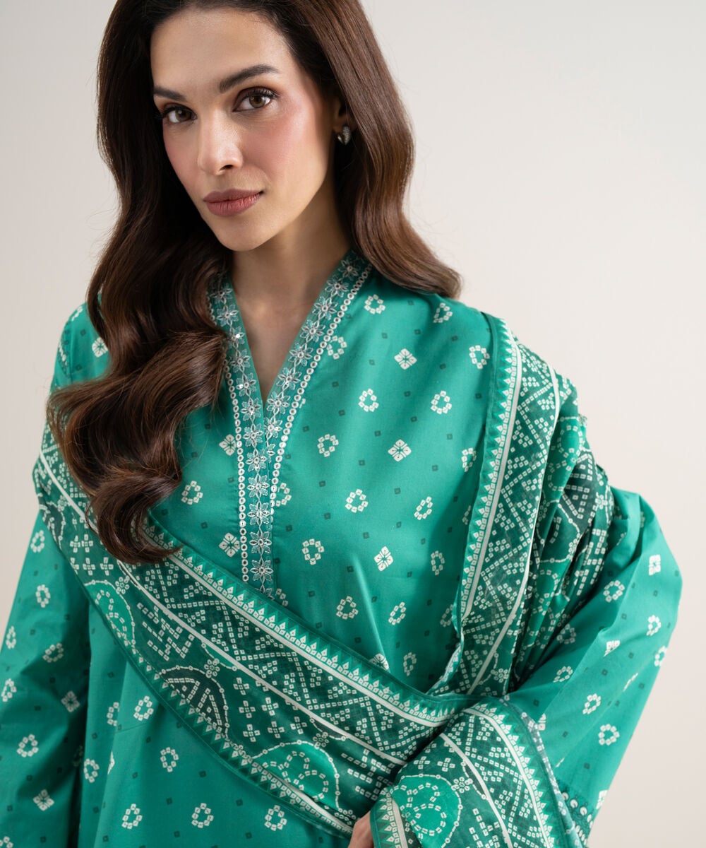 Women's Unstitched Lawn Embroidered Teal Green 3 Piece Suit