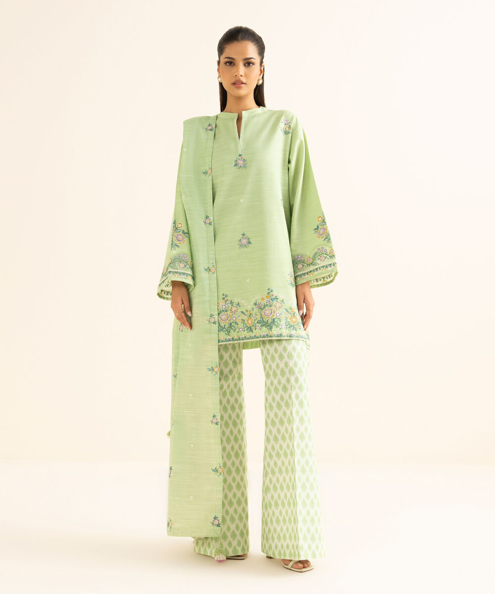 Women's Unstitched Cotton Embroidered Green 3 Piece Suit