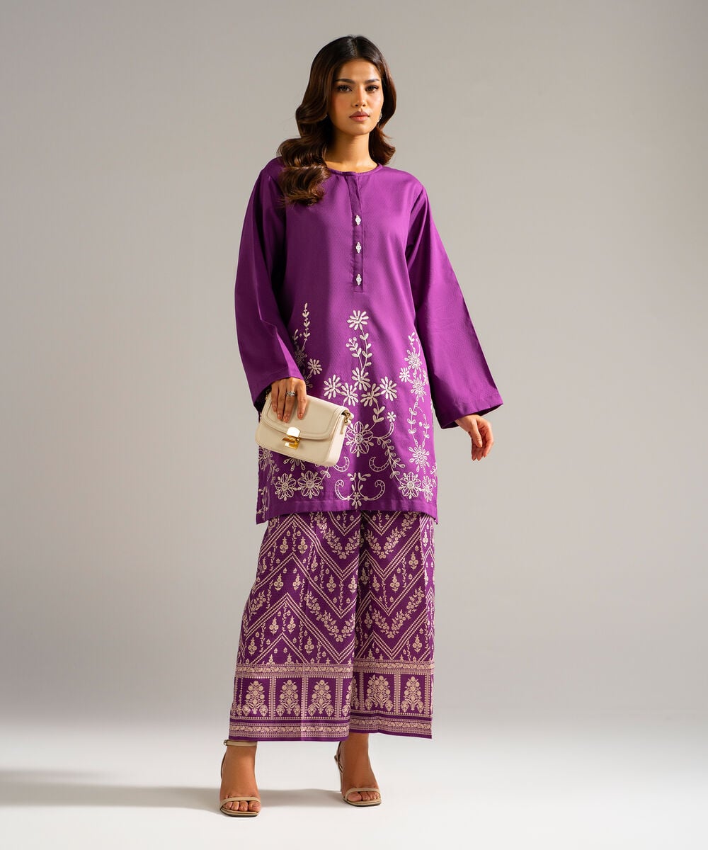Women's RTW Dobby Embroidered Purple 2 Piece Suit