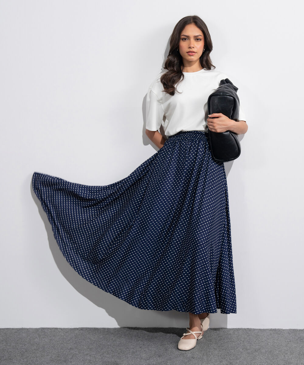 Women's Western Blue And  White Polka Dots Smocked Skirt