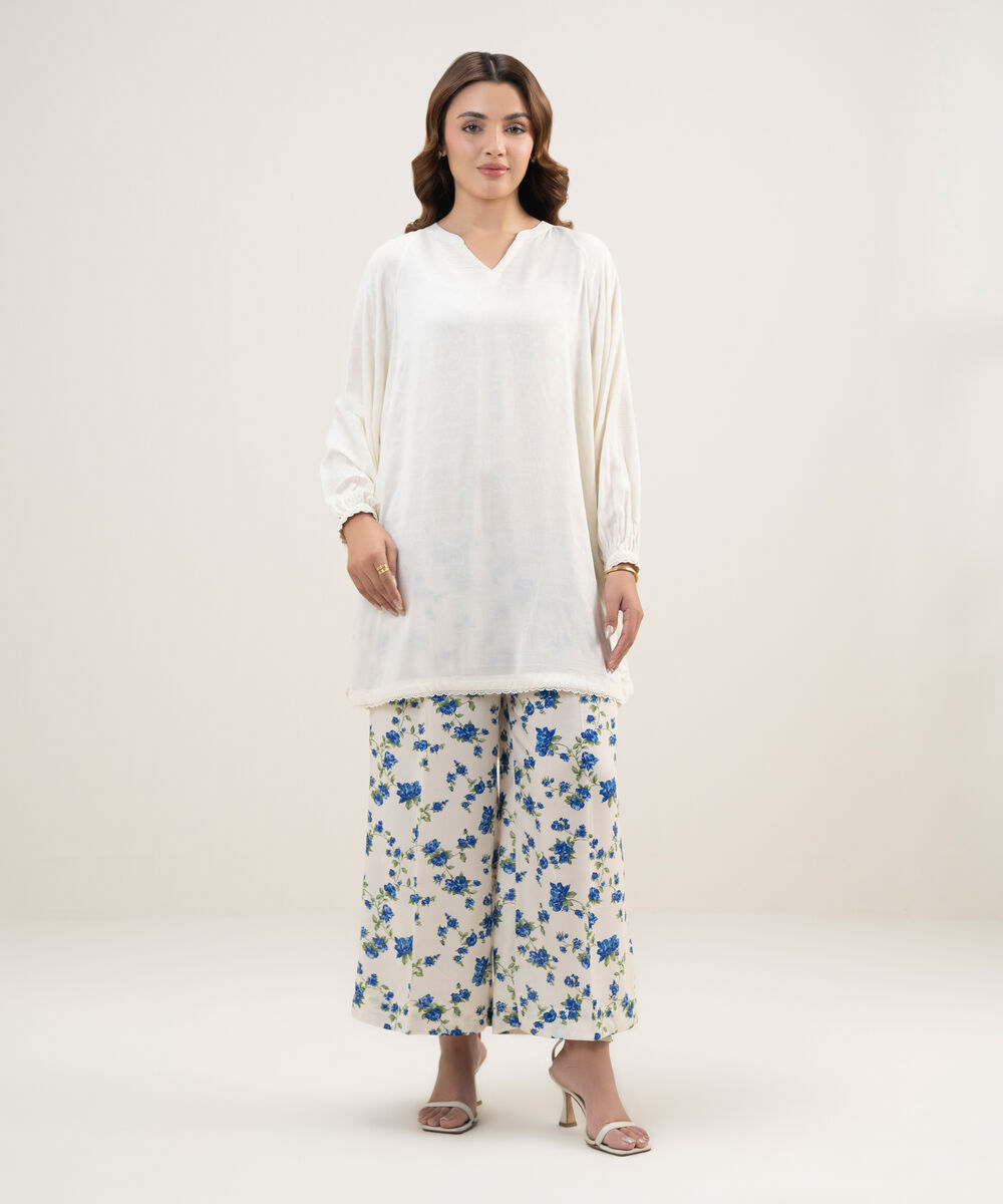 Women's RTW Arabic Self Jacquard Solid Cream White Drop Shoulder Shirt