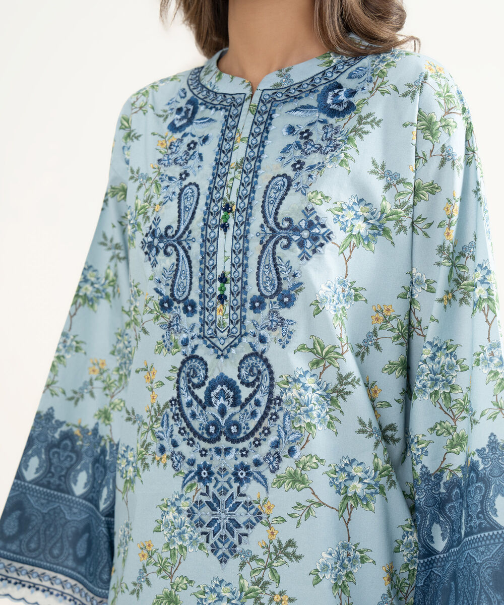 Women's Unstitched Lawn Embroidered Blue 3 Piece Suit