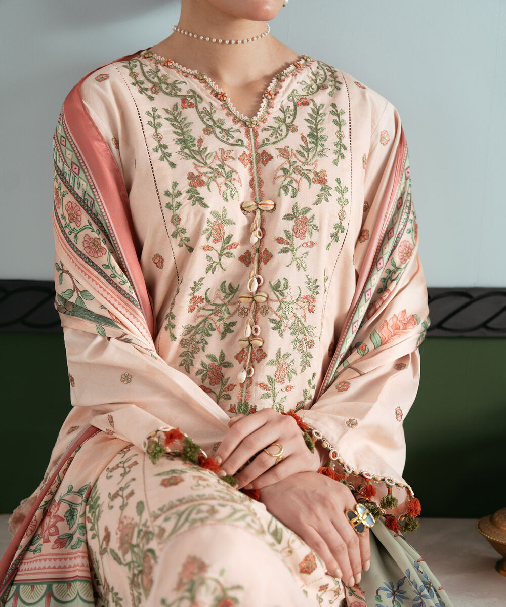 Women's Unstitched Lawn Embroidered Pink 3 Piece Suit