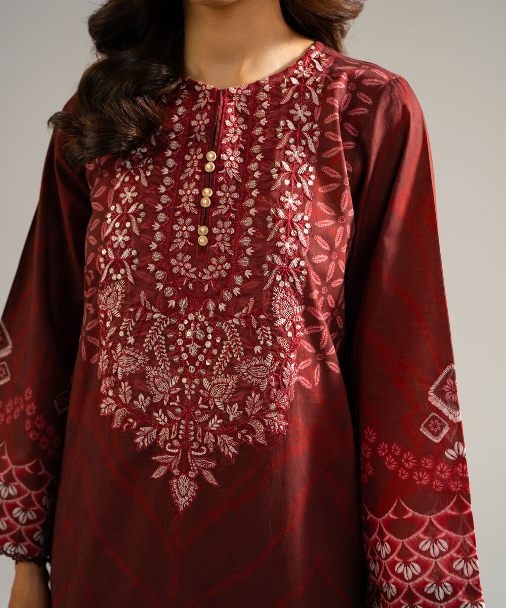 Women's RTW Self Jacquard Embroidered Red 2 Piece Suit