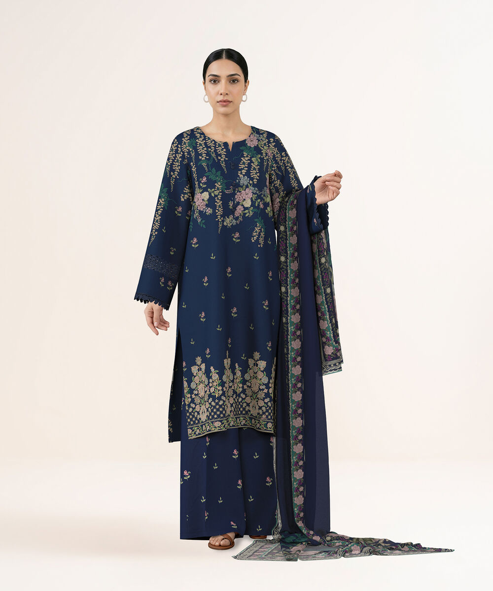Women's Unstitched Lawn Blue Embroidered 3 Piece Suit