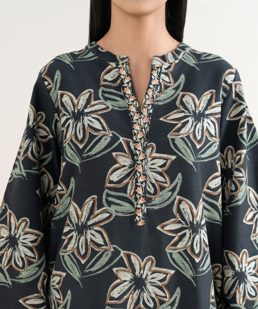 Women's Unstitched Printed Khaddar Black 3 Piece Suit