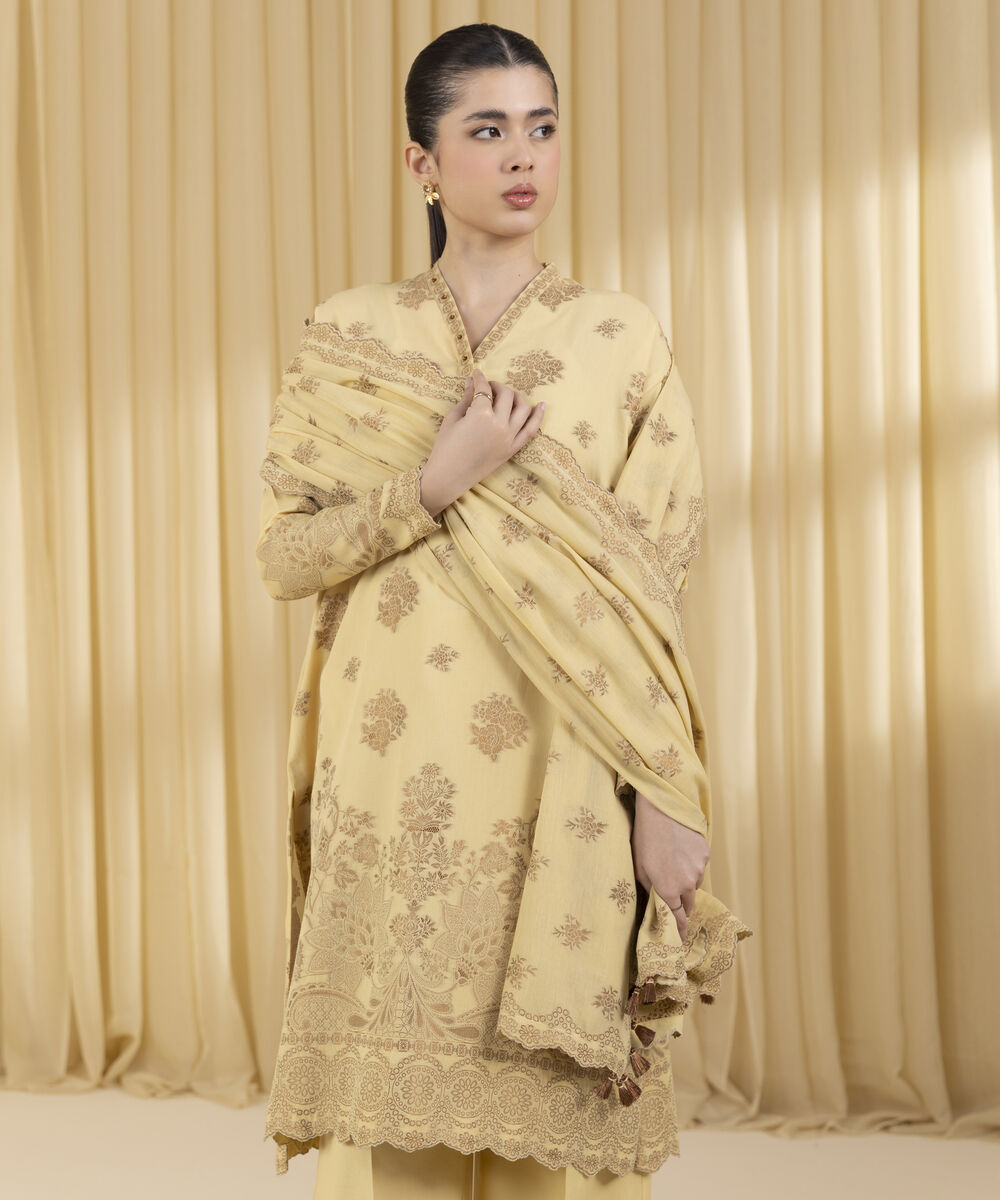 Unstitched Women's Yellow Extra Weft Jacquard 3 Piece Suit