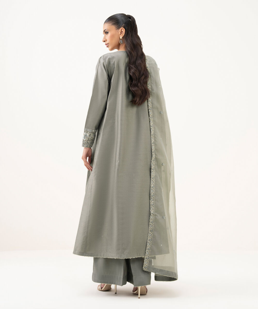 Women's RTW Blended Silk Cotton Net Embroidered Grey Three Piece Suit