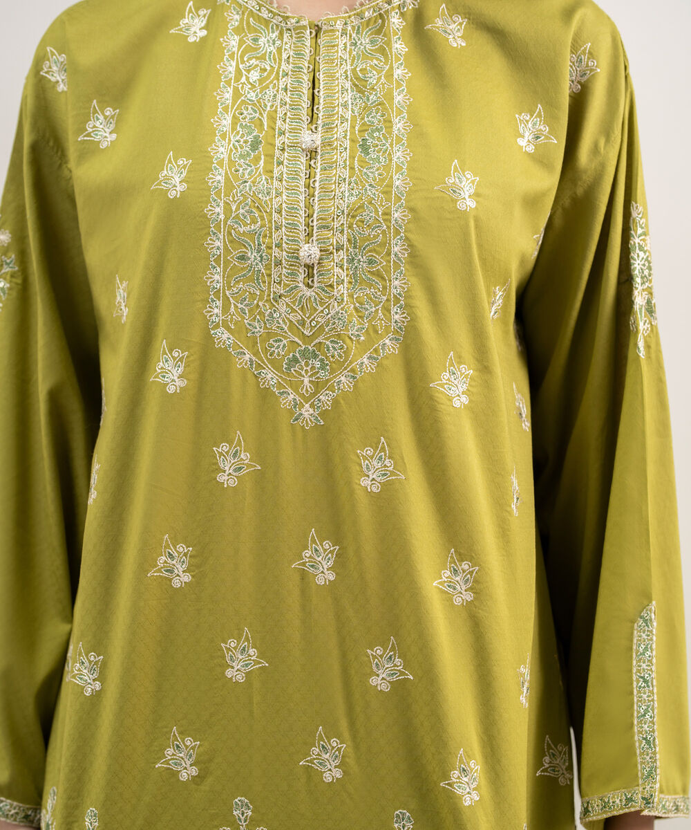 Women's RTW Dobby Embroidered Green 3 Piece Suit