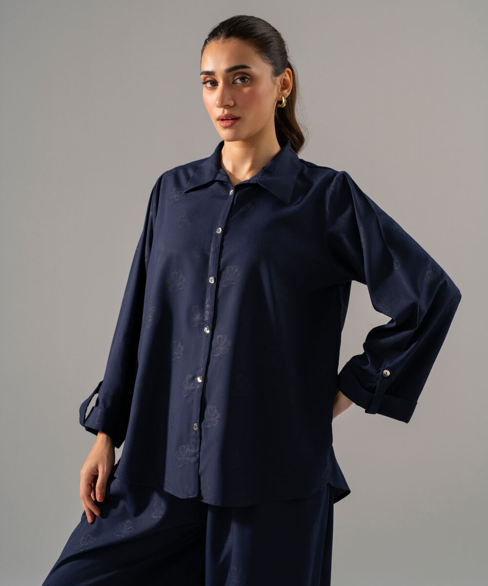 Women's RTW Poly Viscose Jacquard Solid Blue 2 Piece Suit