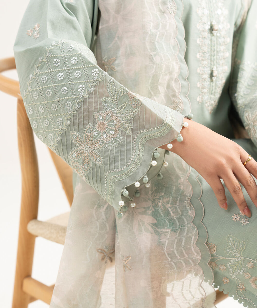 Women's Unstitched Cotton Embroidered Green 3 Piece Suit