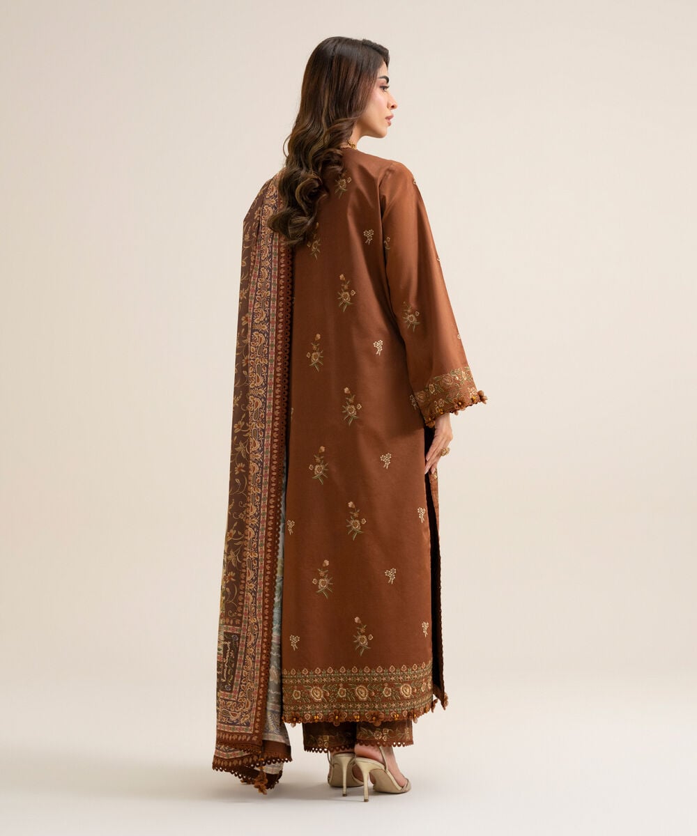 Women's Unstitched Fine Cotton Satin Embroidered Light Brown & Off White 3 Piece Suit
