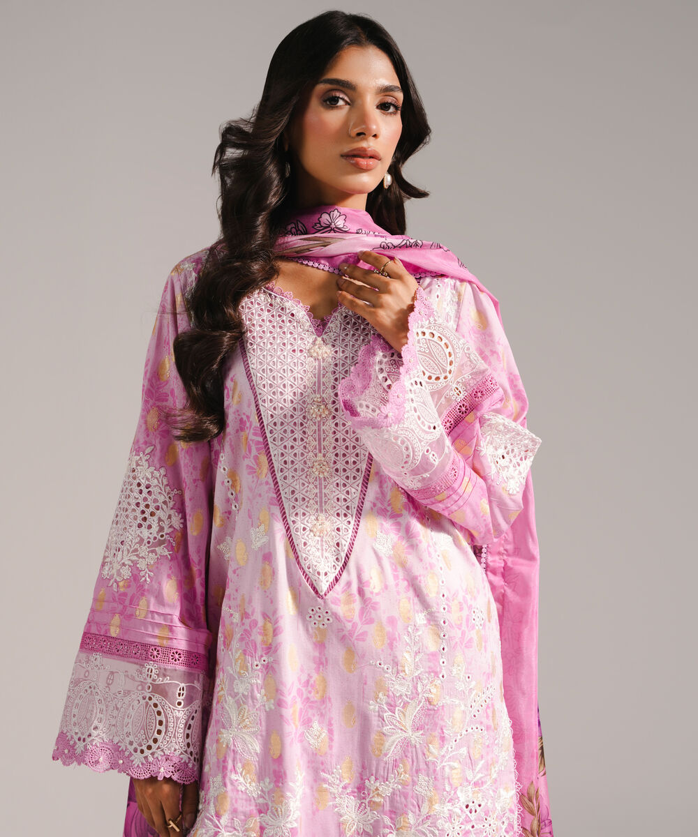 Women's RTW Self Jacquard Embroidered Pink 3 Piece Suit