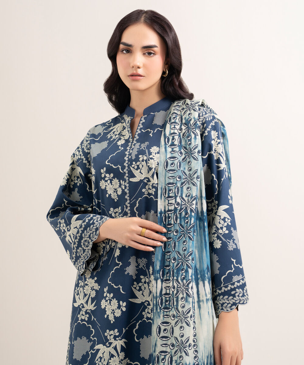 Women's Unstitched Lawn Printed Blue 3 Piece Suit