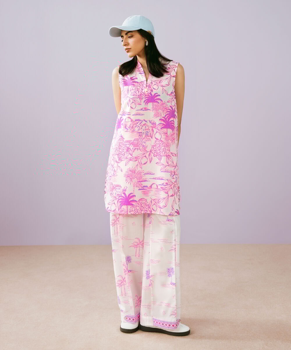 Women's RTW Dobby Printed White 2 Piece Suit