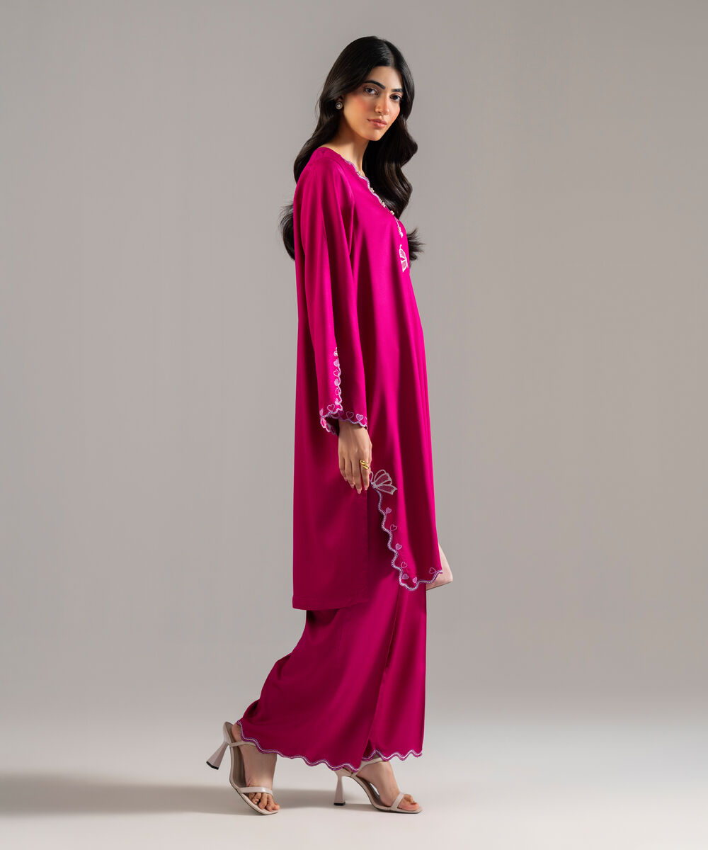 Women's RTW Bedford Solid Embroidered Pink Straight Shirt