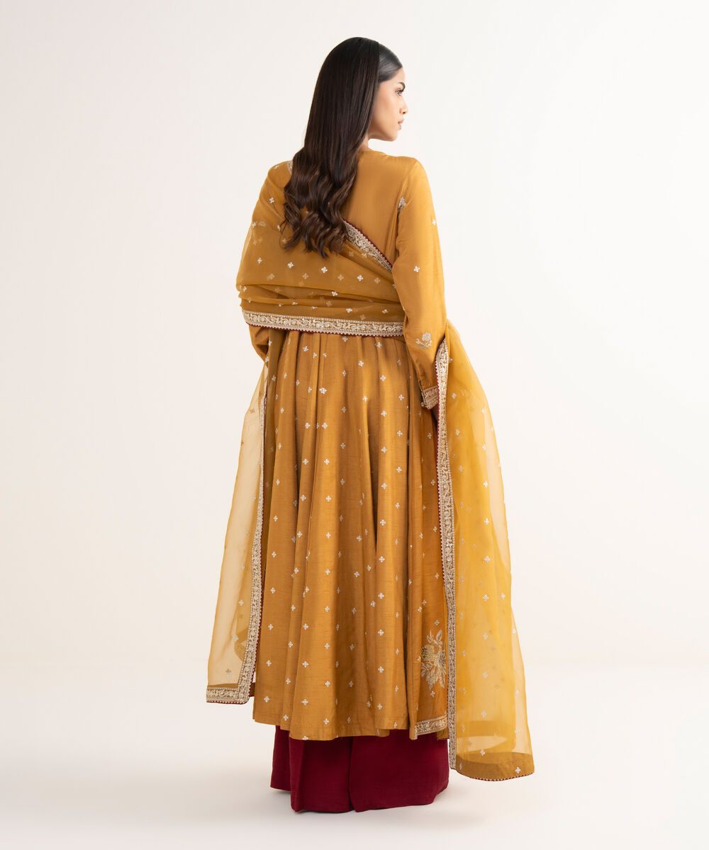 Women's RTW Raw Silk Mustard Embroidered 3 Piece Suit