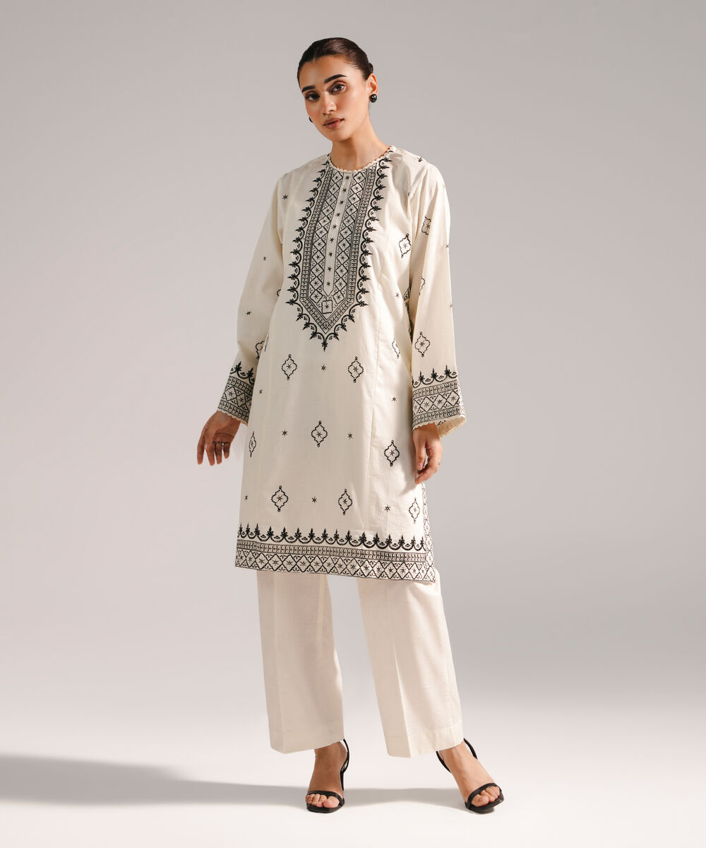 Women's RTW Self Jacquard Embroidered Off White 2 Piece Suit