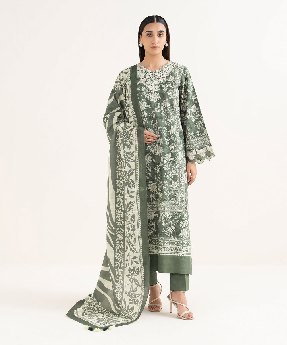Women's Unstitched Khaddar Embroidered Green 3 Piece Suit