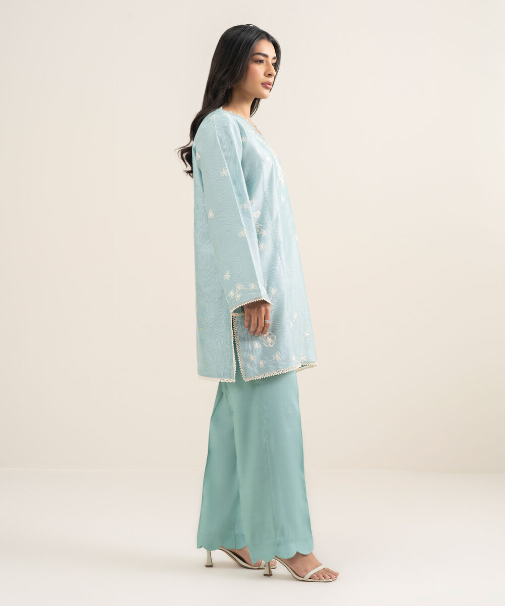 Women's RTW Silk Cotton Net Embroidered Blue 2 Piece Suit