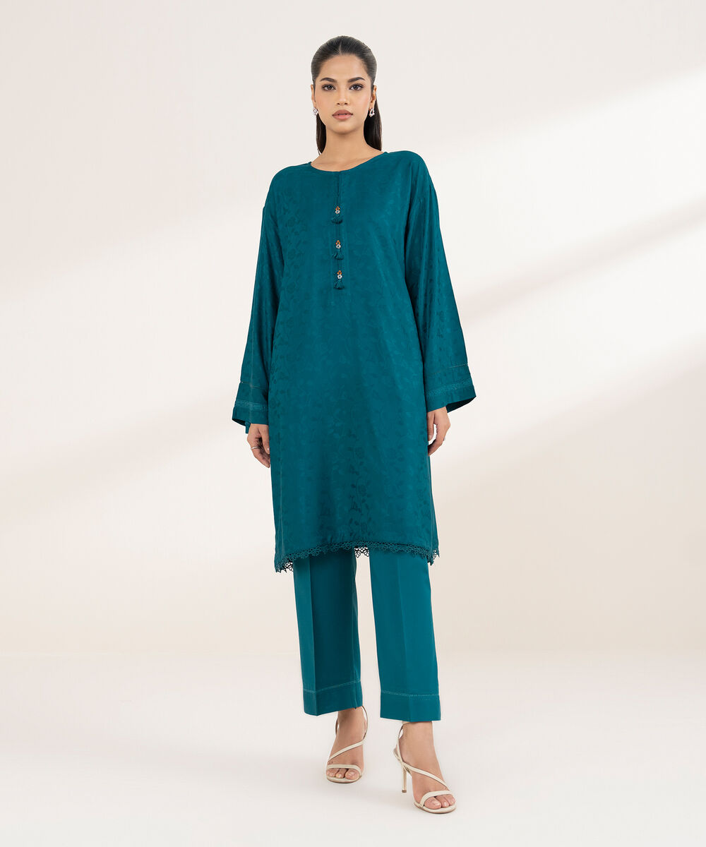 Women's RTW Arabic Self Jacquard Blue Solid Boxy Shirt