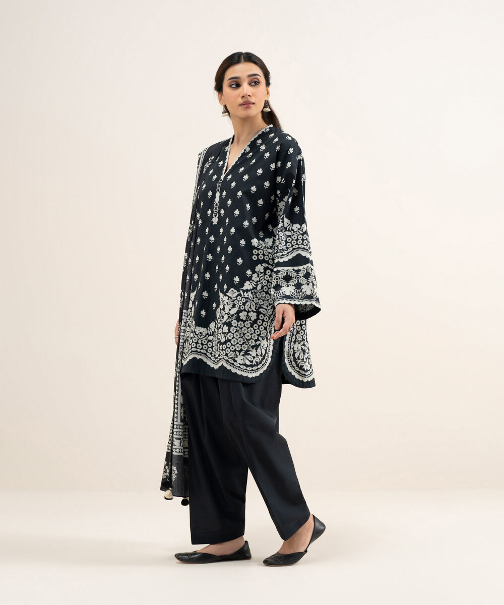 Women's Unstitched Lawn Printed Black and Off White 3 Piece Suit