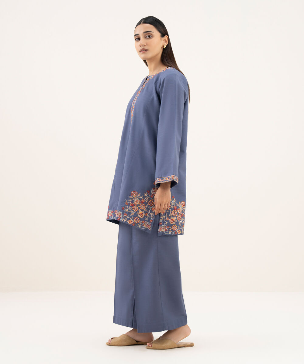Women's RTW Khaddar Embroidered Straight Blue Shirt