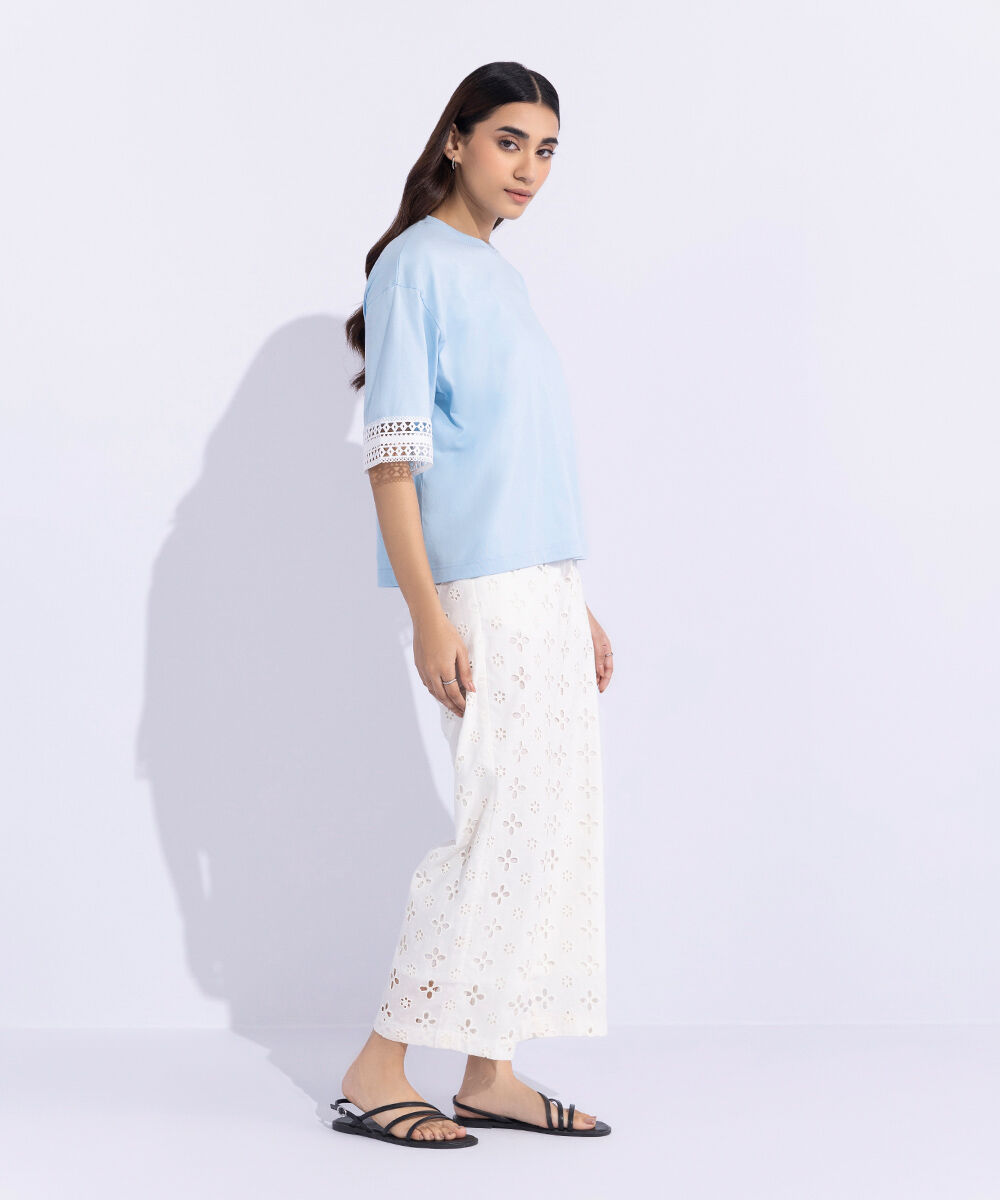 Women's Western Wear Blue Lace Trim T-Shirt