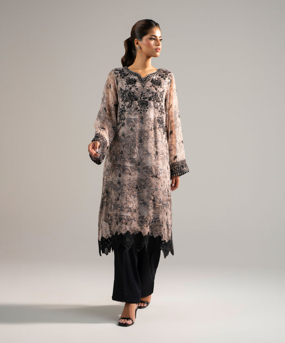Women's RTW Chiffon Embroidered Grey 2 Piece Suit