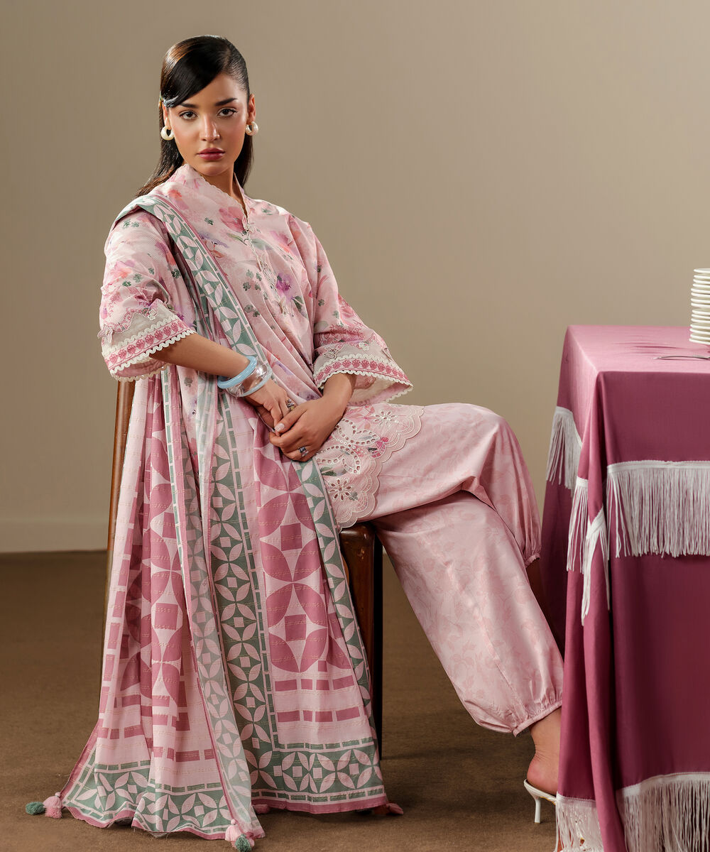 Women's Unstitched Zari Lawn Embroidered Pink 3 Piece Suit