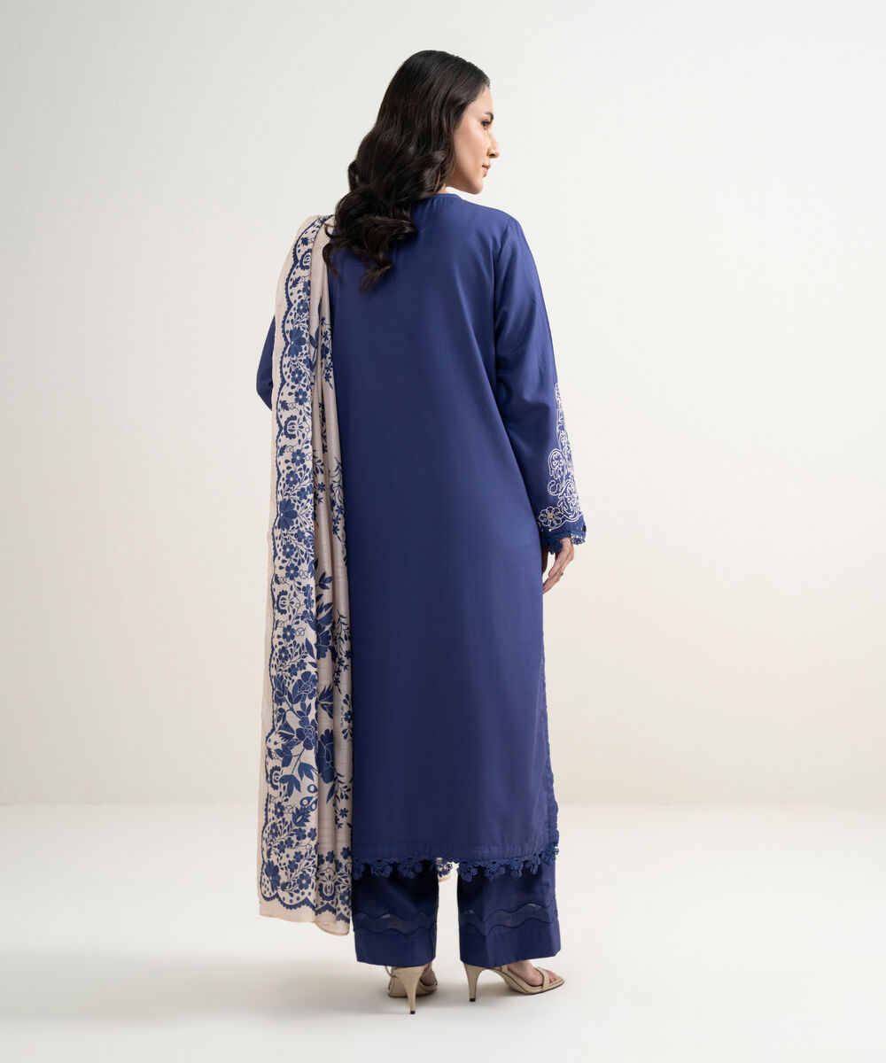 Women's RTW Cotton Viscose Embroidered Purple 3 Piece Suit