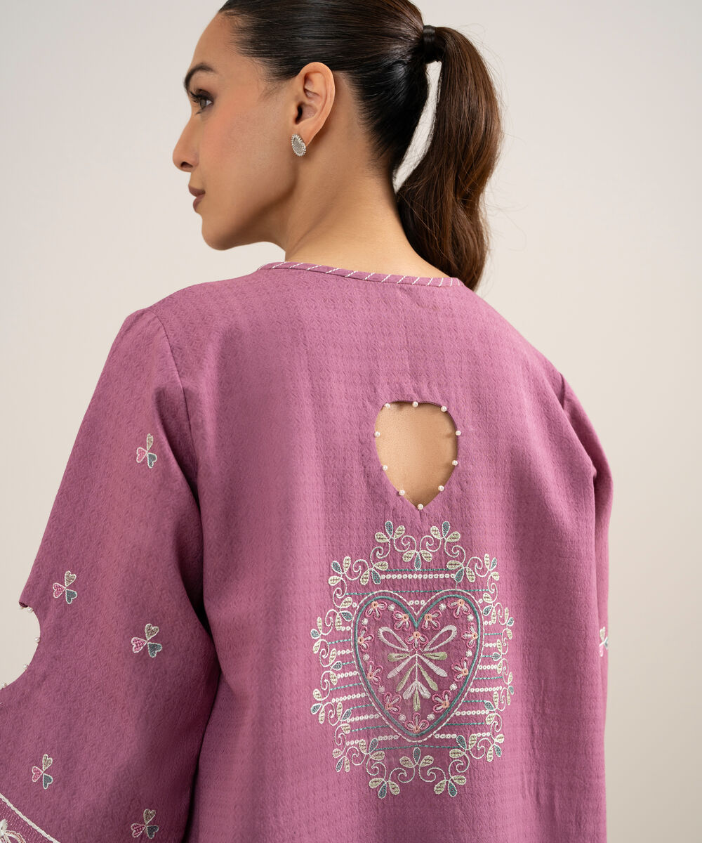 Women's Unstitched Dobby Embroidered Pink 3 Piece Suit