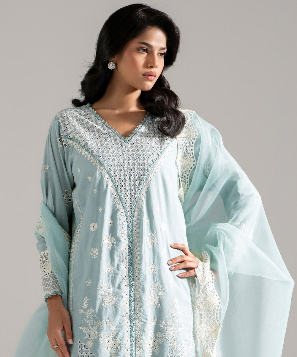 Women's RTW Crosshatch Embroidered Blue 3 Piece Suit