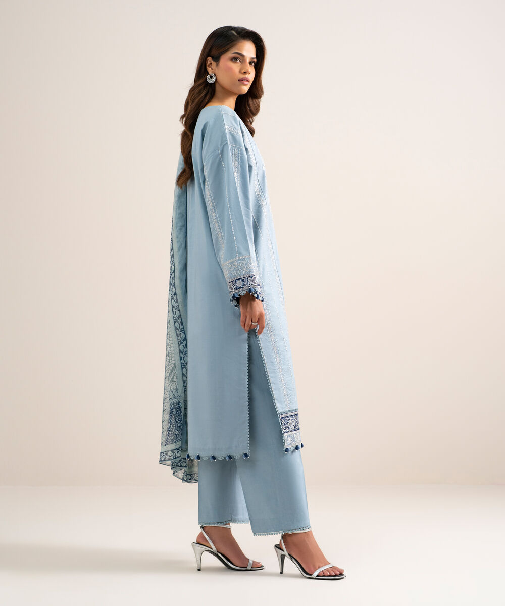 Women's Unstitched Textured Lawn Embroidered Blue  3 Piece Suit