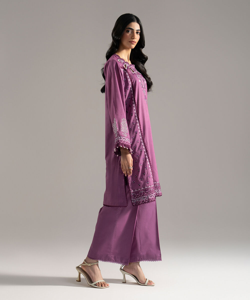 Women's RTW Solid Embroidered Cross Hatch Purple A-Line Shirt