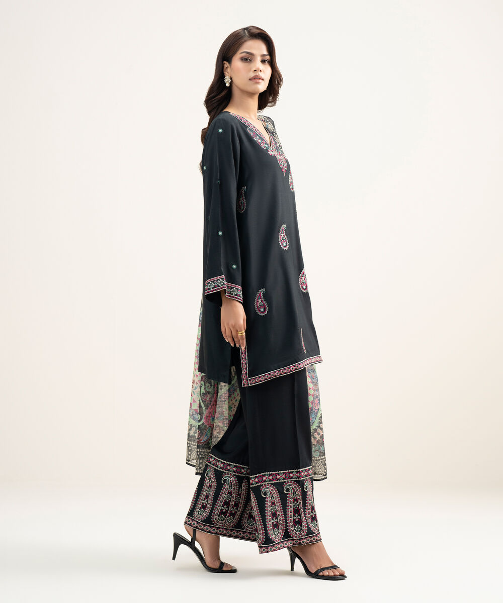 Women's RTW Viscose Raw Silk Embroidered Black 3 Piece Suit